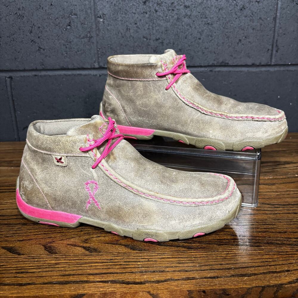 Twisted X Driving Moc Boots Gray Leather Pink Ribbon Women’s 10